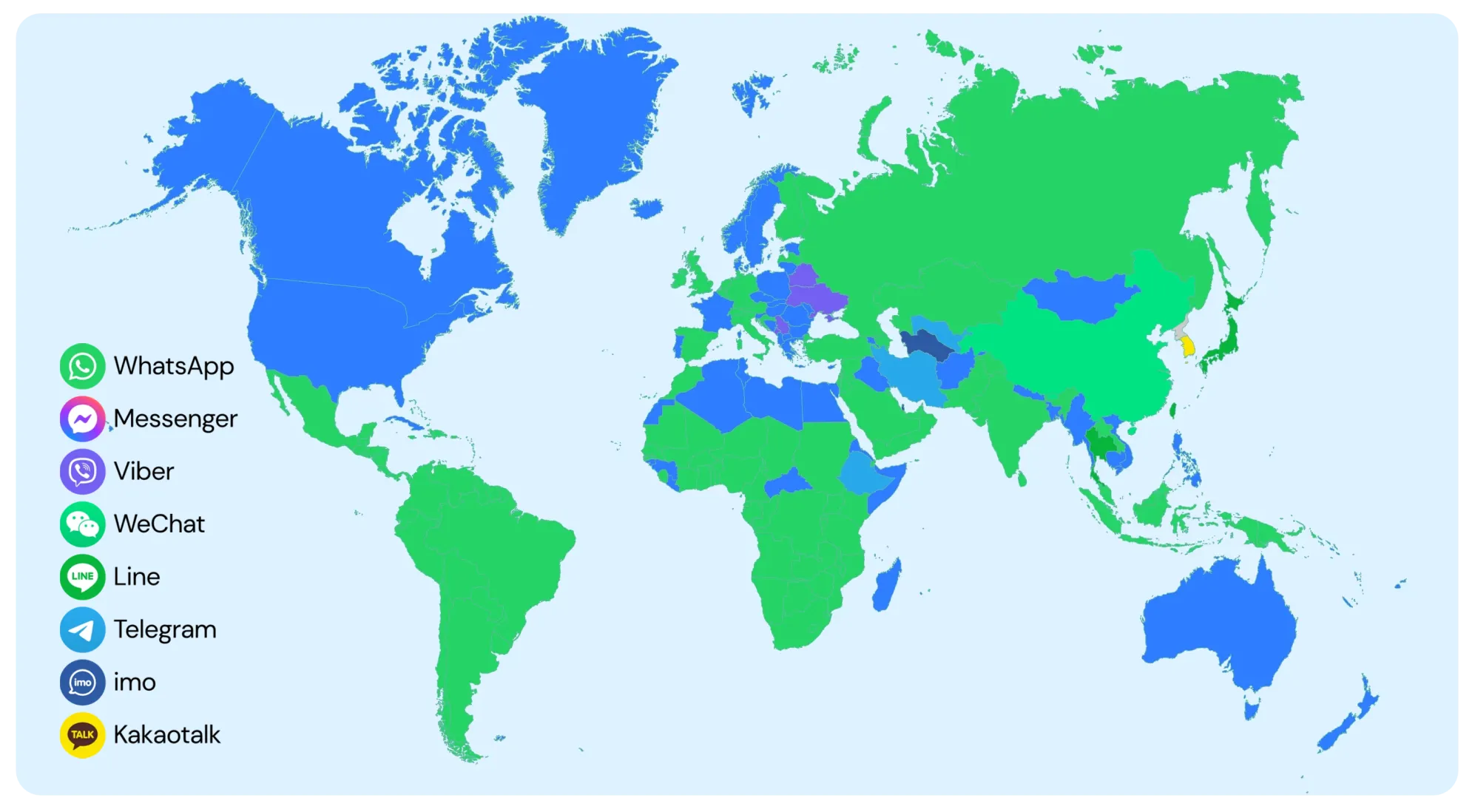 Map highlighting the most popular instant messaging app in each country.